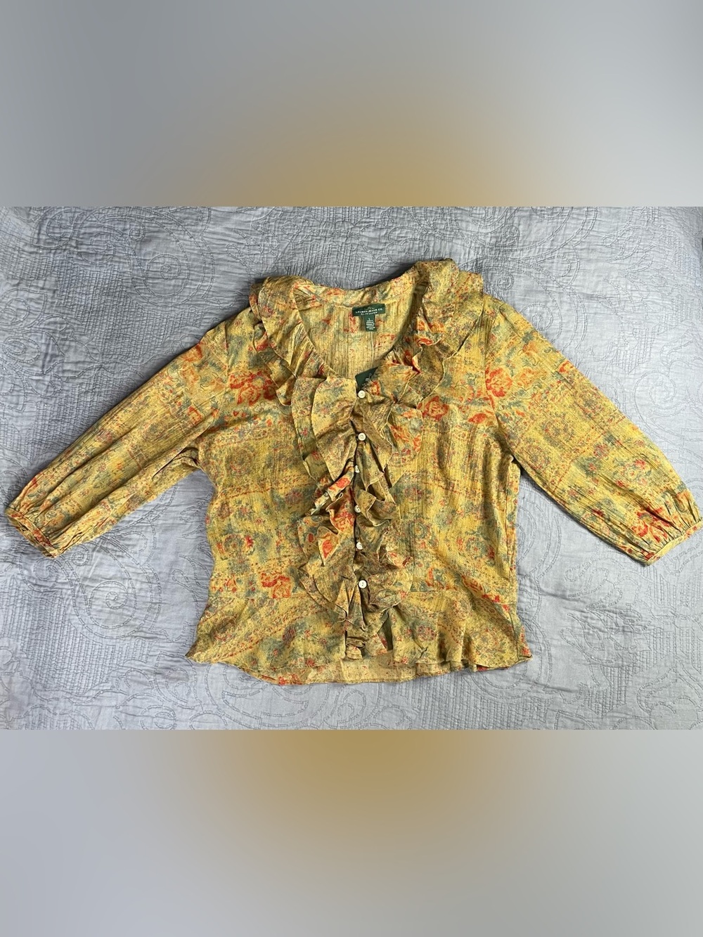 Ralph Lauren Yellow Floral Paisley Ruffle Blouse NWT   Size: Large